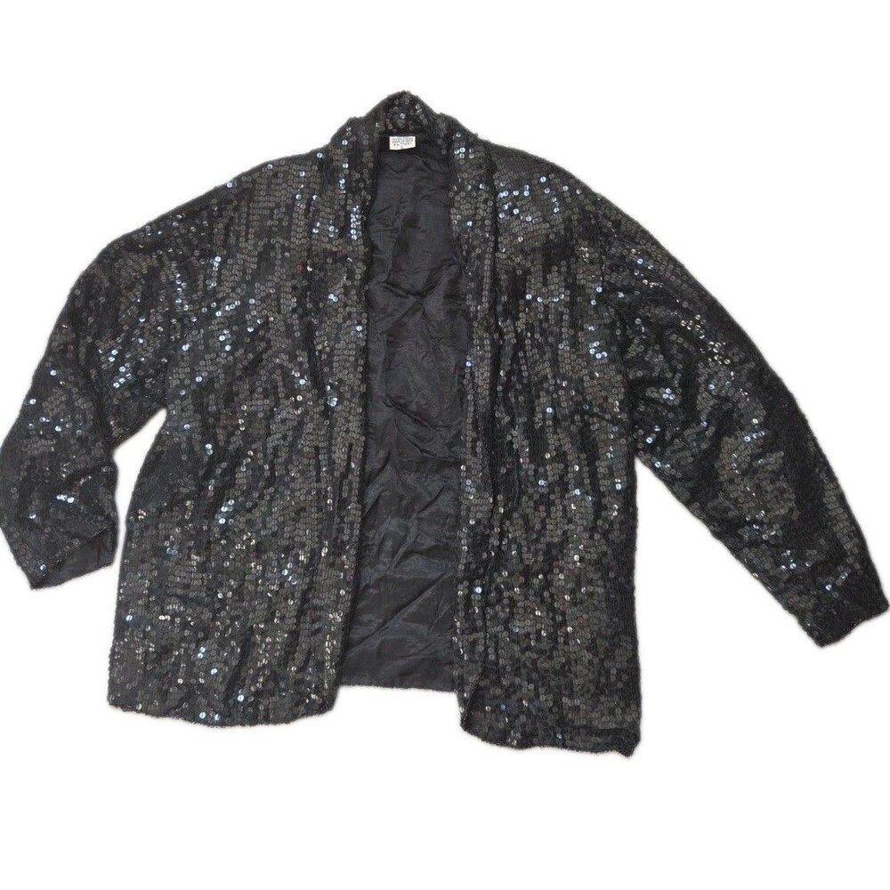 VTG Spell Bound Black Sequin Open Front Jacket Blazer Lined Womens Sz L FAIR